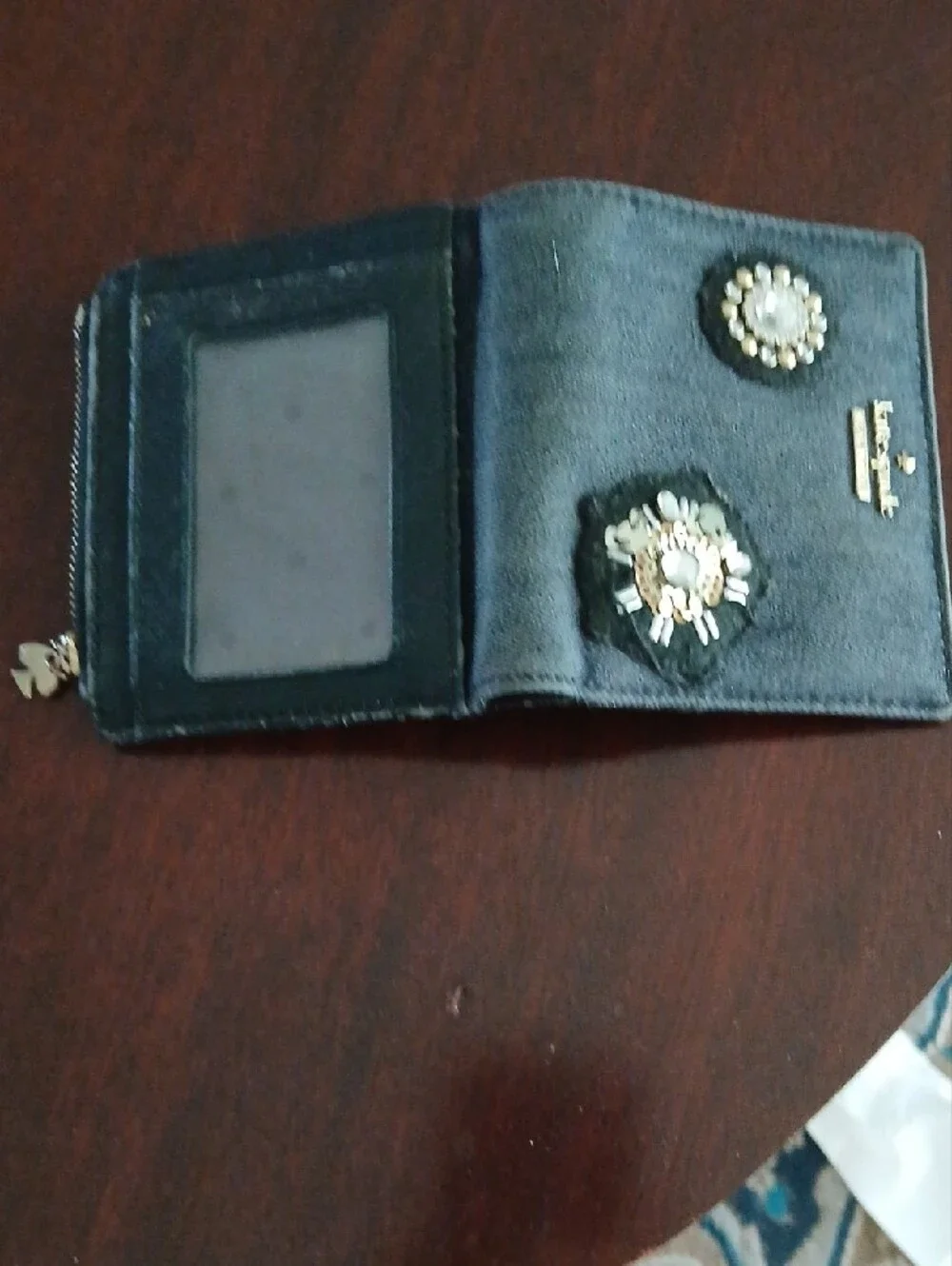 kate spade denim zip card wallet with jeweled floral appliqués in dark blue